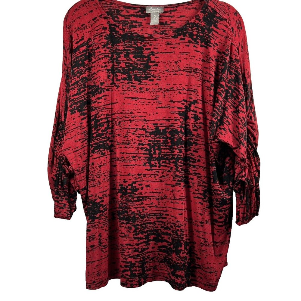 Chicos Travelers Women's Top Large 3/4 Ruched Sleeves‎ Stretch No Iron Packable